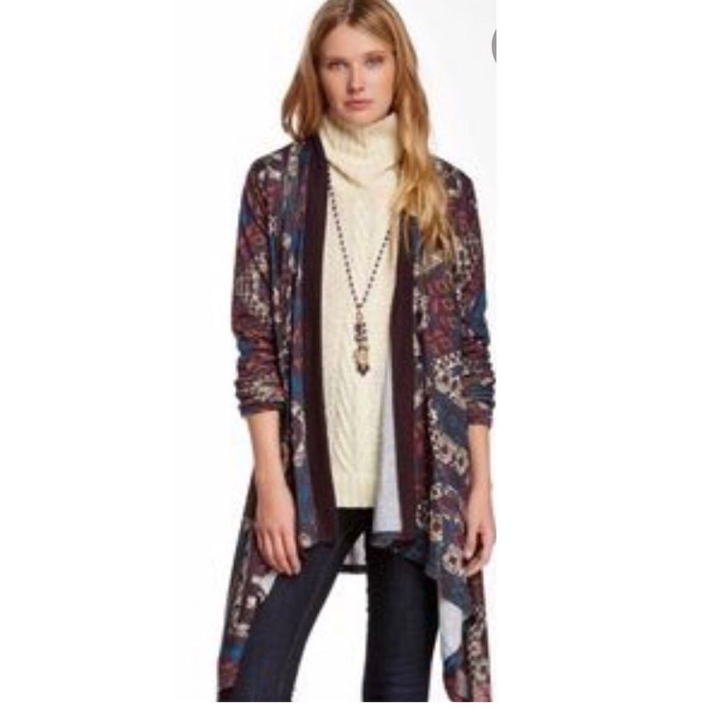 Liberty Love Aztec Mutli-Color Print Open Front Cardigan  Low/High Hem size S